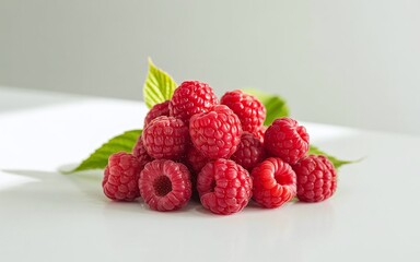 Close-up of fresh raspberries with green leaves