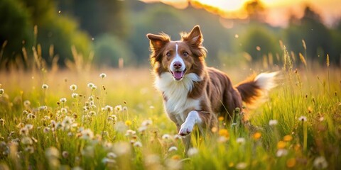 Fototapeta premium A brown border collie runs freely in a large meadow with wildflowers and tall grasses swaying in the breeze, nature