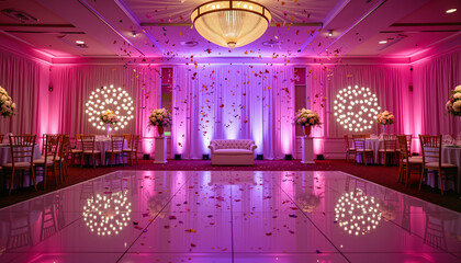 Elegant wedding reception venue with pink lighting and decorations  