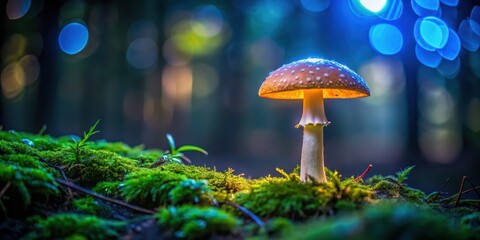 Fototapeta premium A glowing mushroom in a dark forest at night, glowing mushroom, nature, glowing mushroom, nature
