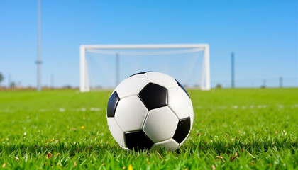 Fototapeta premium Soccer ball on grass field with goal in bright blue sky 