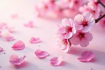 Delicate pink cherry blossoms, scattered petals on soft background, art, floral, pink blossom