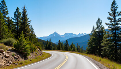 Fototapeta premium Curving highway surrounded by tall pine trees and mountains 