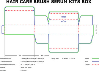 Packaging template for hair care brush serum kits box with bleed trim crease lines dimensions and design area
