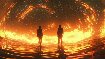 Two people standing in a fire tunnel surrounded by flames and smoke capturing the intensity of a fiery experience with dramatic lighting effects