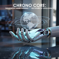A photograph depicting a gleaming chrome robotic hand gently guiding a miniature holographic globe labeled "Chrono Core