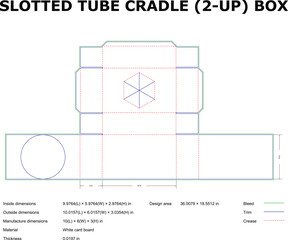 Detailed engineering diagram illustrating diecut pattern of a slotted tube cradle packaging box design