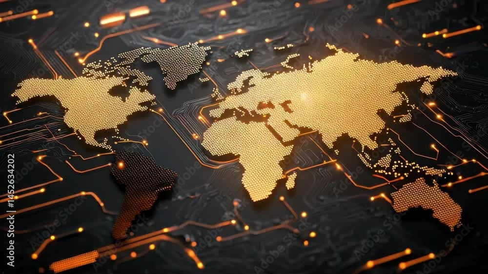 Poster abstract world map digital design with circuit patterns and glowing orange accents on dark backgroun