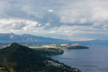 Amazing view from the mountain to the surrounding area in Corfu island, Greece