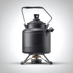 A black metal kettle sits on a portable gas stove, ready for boiling water, against a light background.