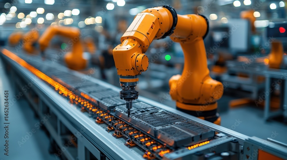 Poster industrial robotic arm assembling components on a conveyor belt in a modern factory setting