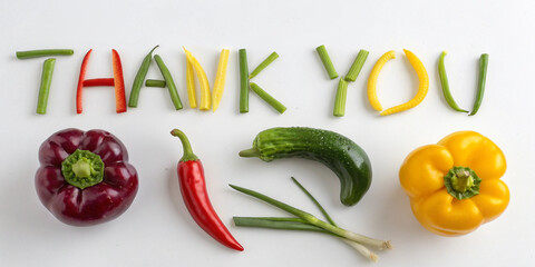  Colorful cut vegetables spell "THANK YOU" next to whole peppers and a tomato.