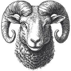 Vintage Sheep Head, woodcut engraving vector, black and white sketch, retro farm animal, old livestock art, rustic style, antique illustration, heritage farming, classic line drawing