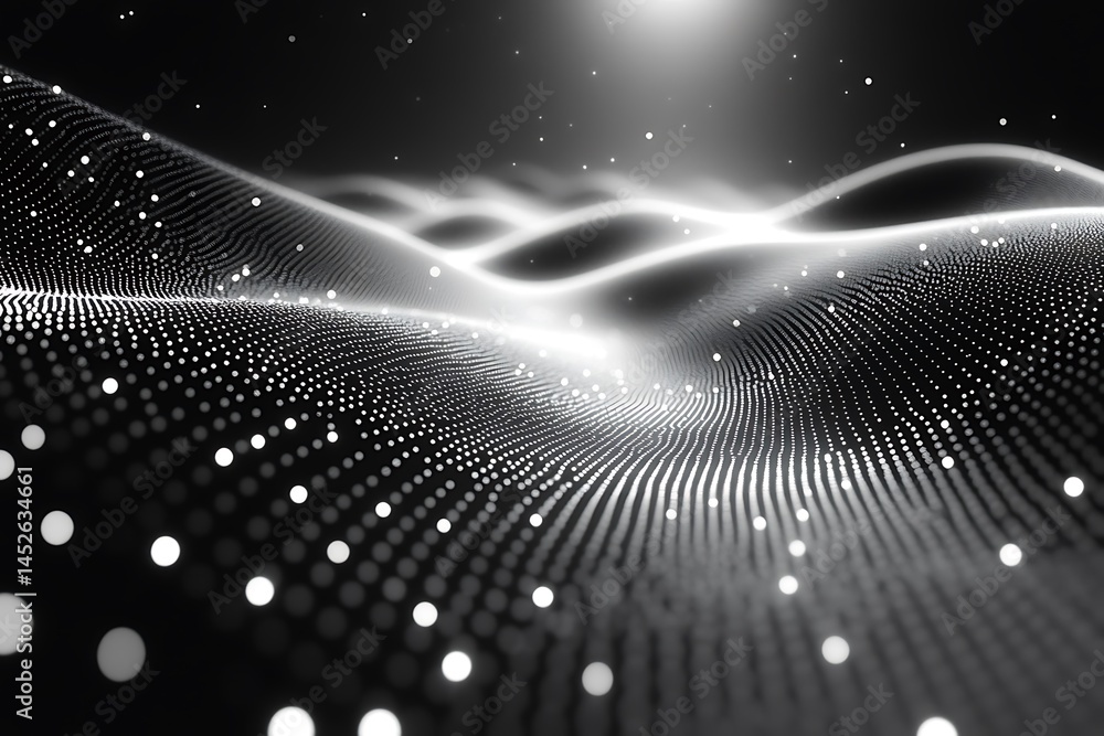 Poster abstract digital landscape of glowing dots and lines in black and white modern technology and futuri