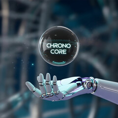 A photograph of a sleek, metallic robotic hand delicately hovering above a glowing orb labeled "Chrono Core