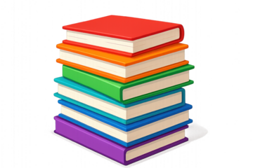 Stack of colorful books with varying sizes and spines, ready for reading or studying, isolated on transparent background.