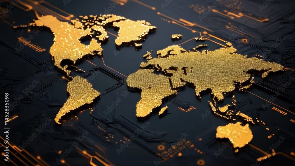 Aufkleber abstract world map digital art with gold texture over black circuit background for modern design pro