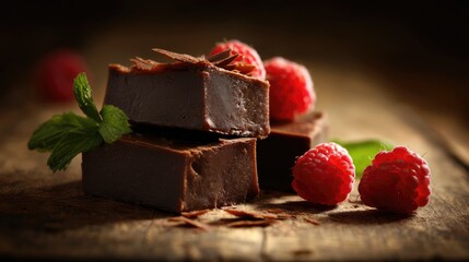 Delicious Chocolate Fudge with Fresh Raspberries and Mint