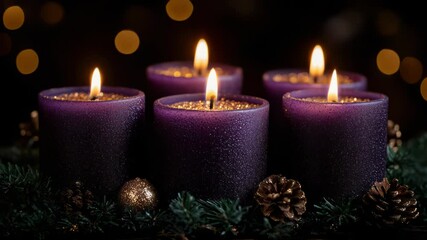 Advent Candles - Four Purple Candle lights With Glittering Glowing video