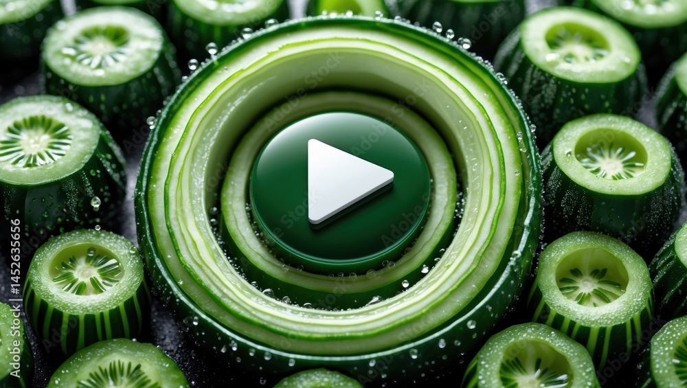 Poster arrangement of sliced cucumbers with a circular slice at the center, featuring a green play button, 