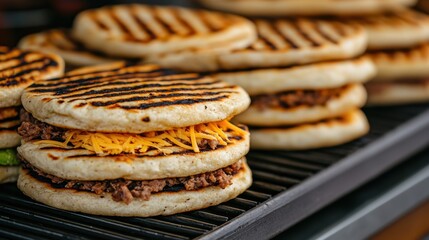 Grilled flatbreads with savory filling on a barbecue grill