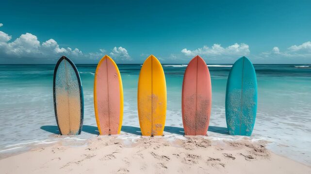 Four colorful surfboards standing upright on a pristine sandy beach on a sunny day, ready for surfing