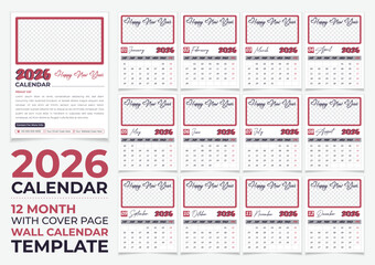 2026 Set Wall Calendar Design Template || Week Starts From Saturday || Set Of 12 Month With 12 Pages Layout.