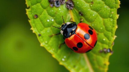 Naklejka premium Ladybug resting on a vibrant green leaf, showcasing nature's beauty and intricate details.