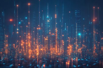 A futuristic cityscape with skyscrapers symbolizing various sectors of investment, from real estate to tech stocks, connected by glowing data points.