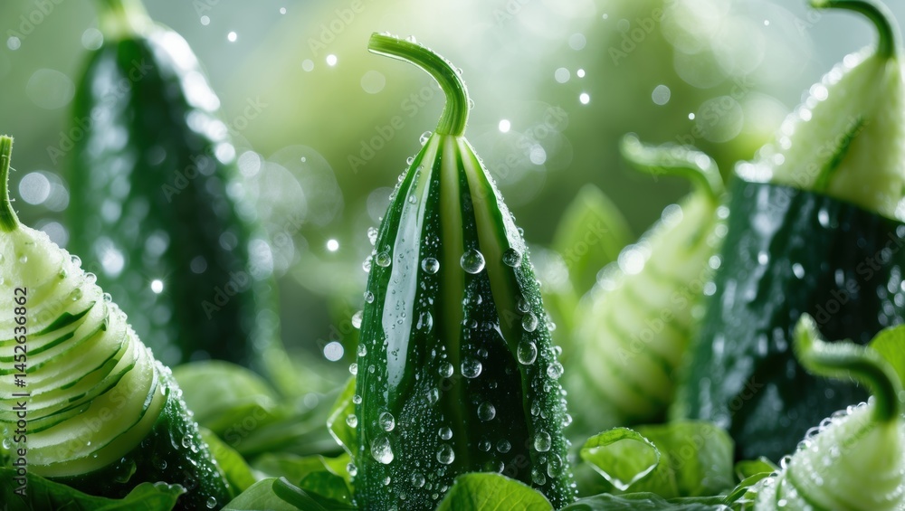 Poster close-up of freshly sliced cucumbers with droplets and green leaves creating a refreshing atmosphere