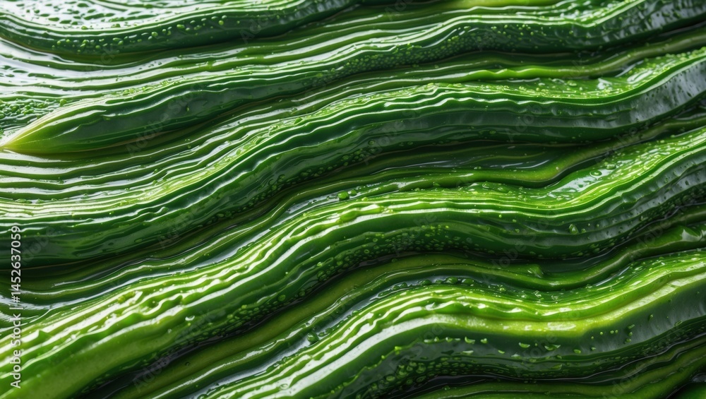 Poster close-up of vibrant green textured surface resembling waves, displaying intricate patterns and depth