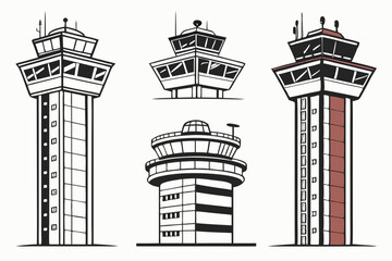 set of Air Traffic Control Tower silhouette vector illustration