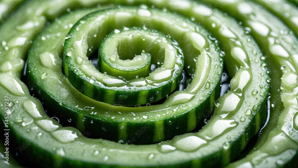 Poster close-up view of a fresh cucumber spiral with droplets of water on a glossy surface, showcasing its 