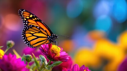 Obraz premium Vibrant Monarch Butterfly Perched on Colorful Flower Amidst a Blurred Floral Background