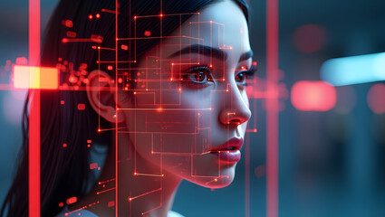 Facial recognition scan overlaying grid lines and data points on a person’s face in a security checkpoint.