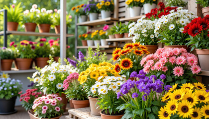Obraz premium Vibrant flower display in a garden center showcasing various blooms 