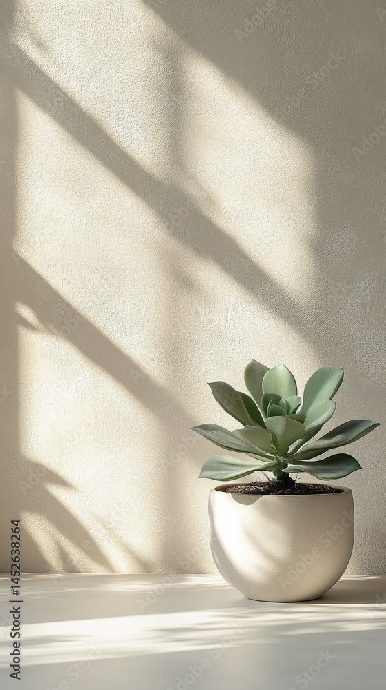 Poster a succulent plant is placed in a round white pot on a smooth surface. soft sunlight casts gentle sha