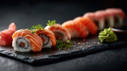Delicious Salmon Sushi Rolls on Black Slate Plate, Close-up View