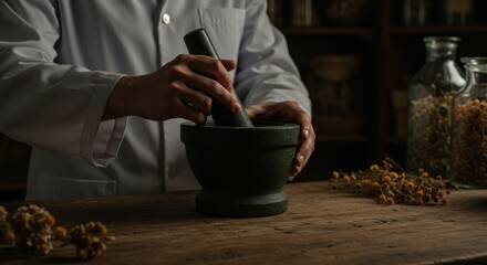 Pharmacist grinds herbs with mortar and pestle on a rustic wooden table, wearing a lab coat. Jars with dried plants in background. Herbal medicine concept.