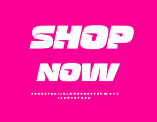 Vector Promo poster Shop Now. Dynamic White Font. Unique Digital Alphabet Letters and Numbers set