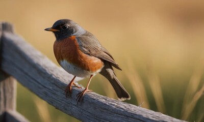 Fototapeta premium Colorful bird perched on a rustic wooden fence, showcasing its vibrant plumage against a blurred natural background, embodying the beauty of wildlife in a serene environment