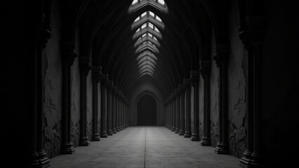 Obraz premium Gothic Architecture: Dark Hallway with Pillars and Vaulted Ceiling, Mystical Interior