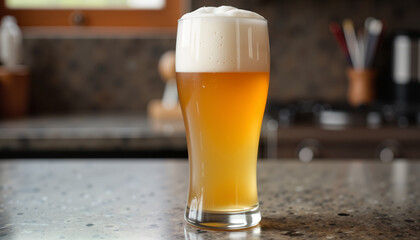 Refreshing beer glass filled with golden beverage on countertop  