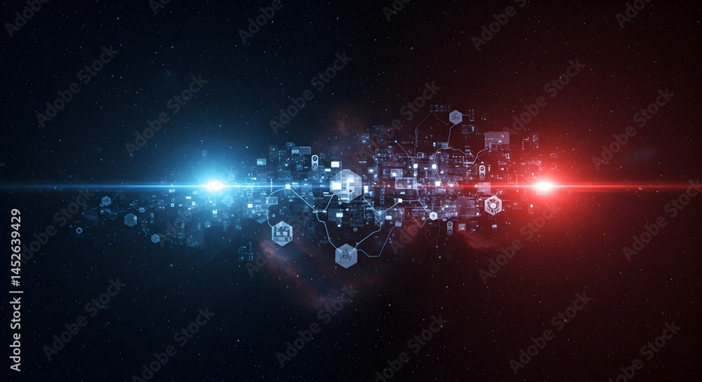 Poster abstract digital network connection futuristic technology background with blue and red lights, compl