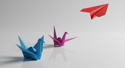 AI image showing two origami cranes sitting while a red paper airplane flies distinctively above, symbolizing leadership, difference, and aspiration