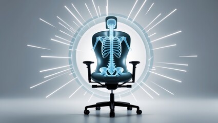 A digital illustration of a skeletal structure displayed in a modern office chair, emitting glowing rays against a plain background. It symbolizes