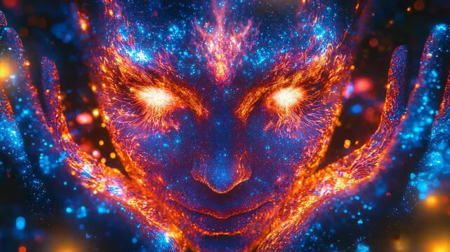 Sinister demon face with ominous glowing eyes surrounded by dark shadows and eerie atmosphere evoking fear and intrigue in the viewer&rsquo;s mind