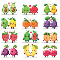  Couples of cute fruit holding hands. Vector illustration. Isolated on white background.