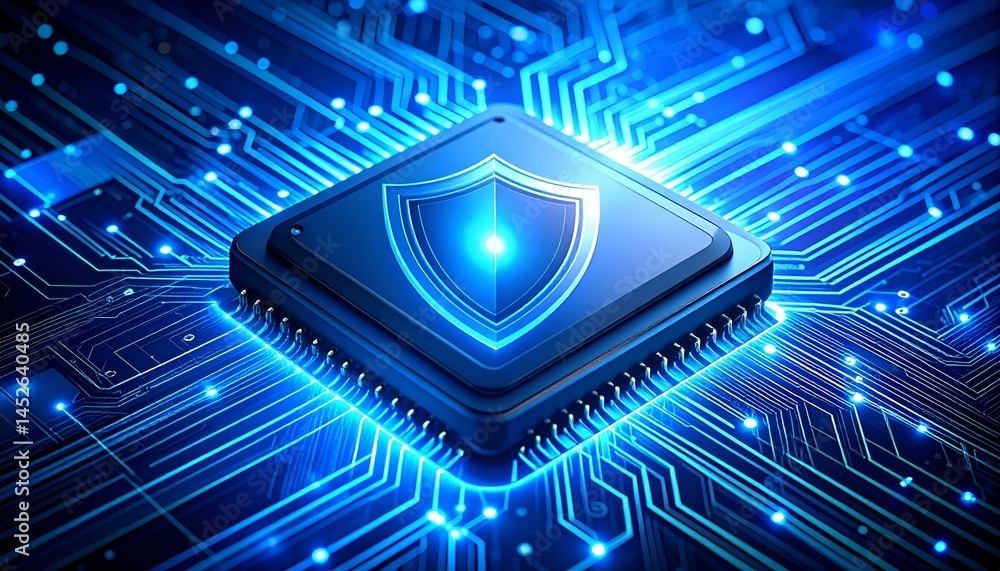 Aufkleber cyber security glowing shield on a computer chip. abstract digital protection concept.