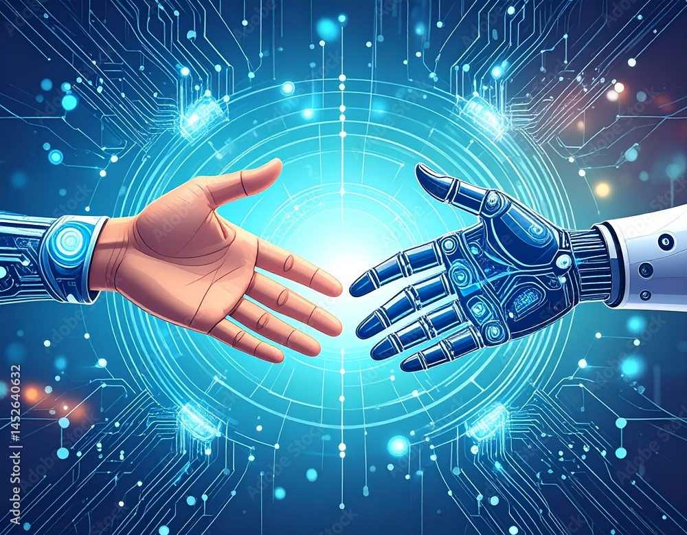 Poster human and robot handshaking against a futuristic tech background. a symbol of ai collaboration and t